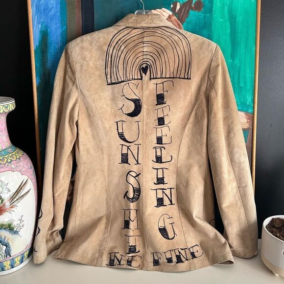 Danier Tan Leather Jacket with Floral Design Hand Drawn Small - Picture 12 of 16